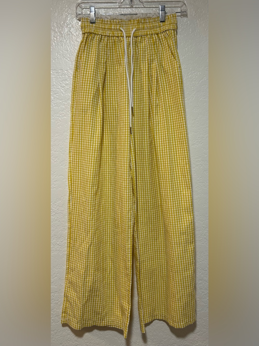 Yellow Gingham Wide-Leg Drawstring Pants with Lace Trim Waist